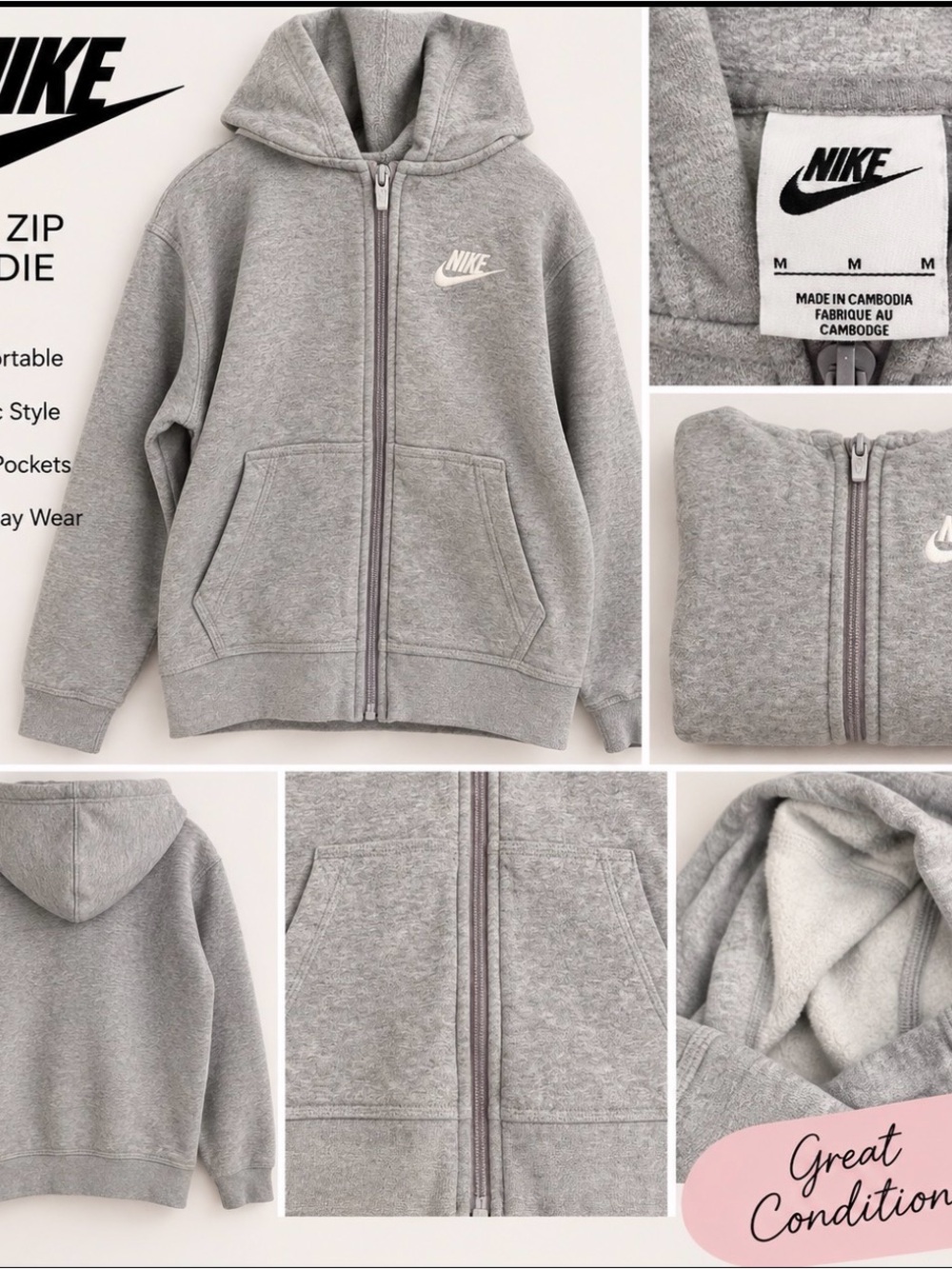 Nike Kids Grey Full-Zip Hoodie with White Logo